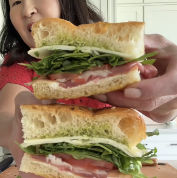 My Summer Italian Sandwich! Inspired by All' Antico Vinaio's La Summer sandwich with Prosciutto Toscano, mozzarella, tomato and basil.
